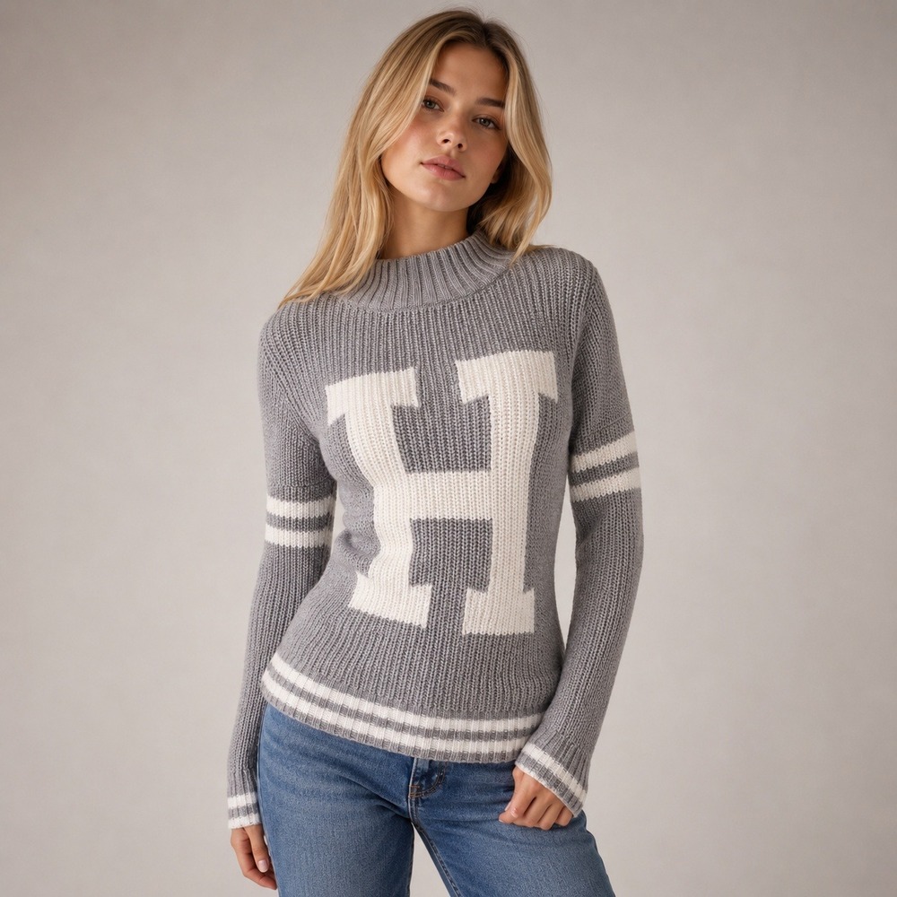 Hollister Y2K Varsity Sweater Womens Gray Chunky Knit Mock Neck Large Collegiate